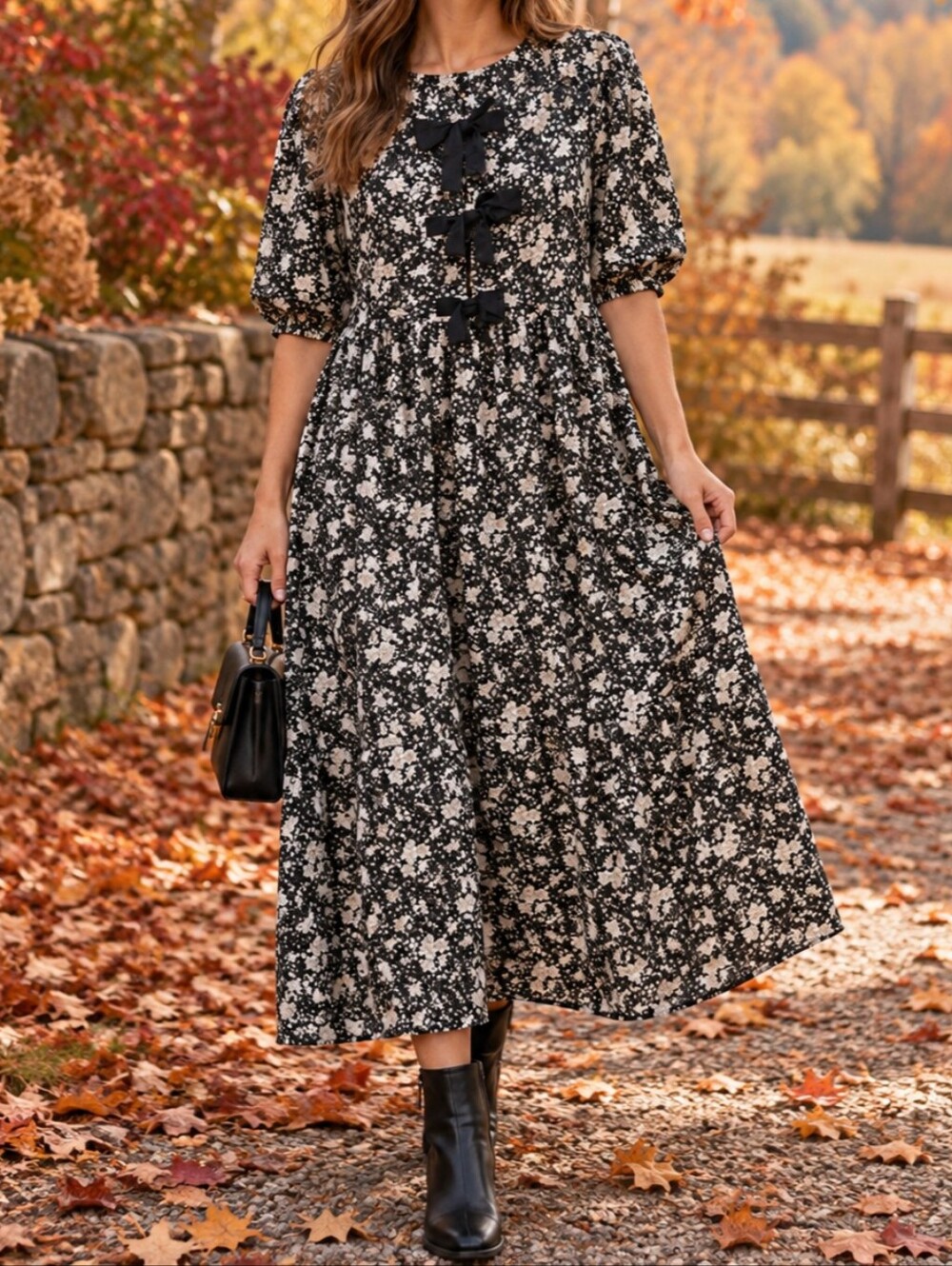 ZOCO Black Midi dress With Cream Florals And 3 statement Bows.